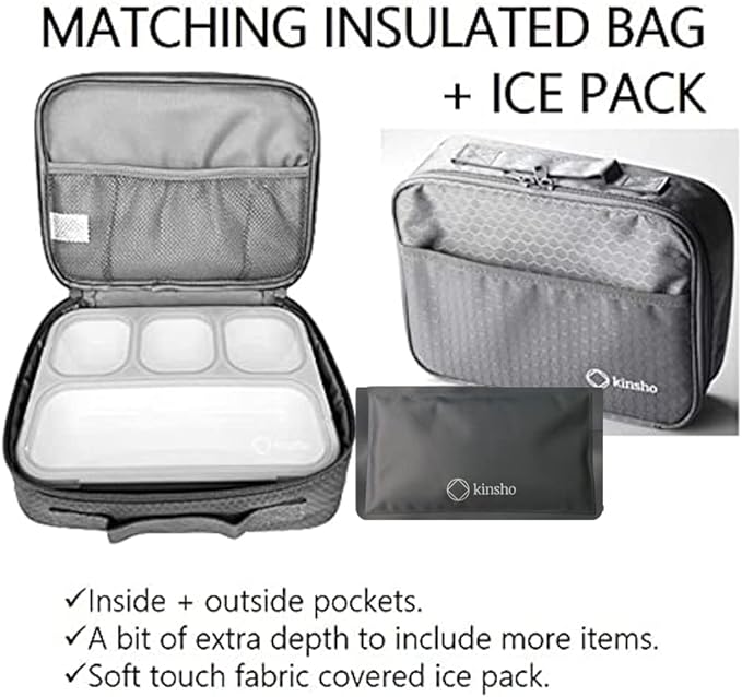 kinsho Lunch Boxes for Boys Teens Adults - Bento Box Set with Insulated Bag and Ice Pack, 4 Compartment Leak Proof Food Container, BPA-Free, Microwave Safe, Ideal for School & Work, Grey