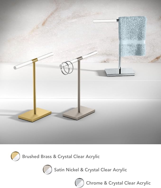 Gatco 1344SN, Modern Rectangle Base Freestanding Countertop Towel Holder, Satin Nickel/Acrylic / 10.50" W x 11.13" H T-Shape Style Countertop Hand Towel Holder for Bathroom, Kitchen Towel Rack