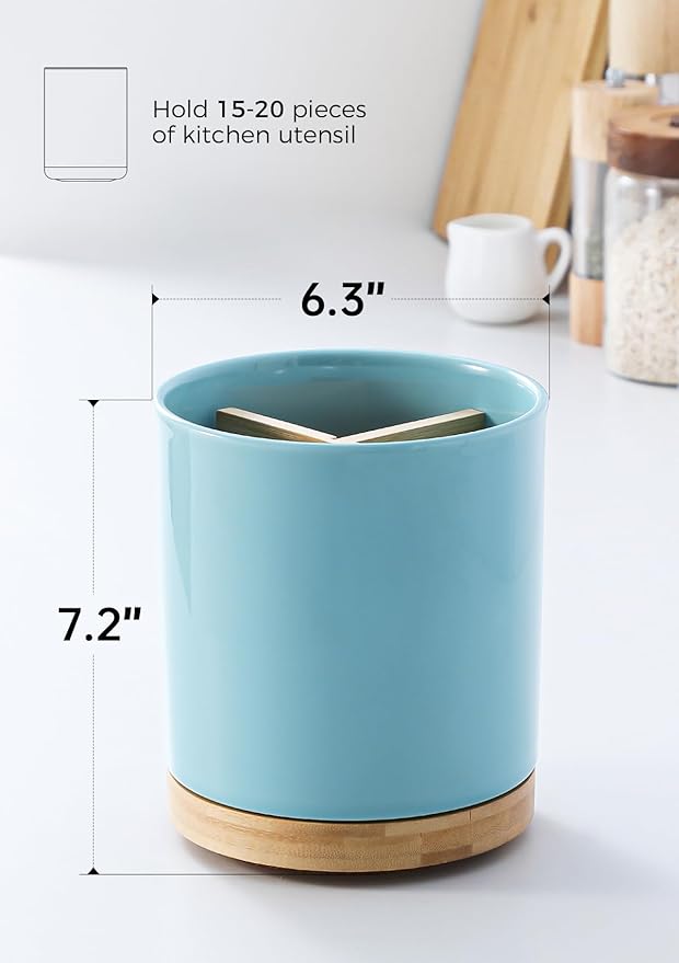 LoeJan 3 Compartment Utensil Holder, Extra Large Utensil Crock, Stable Ceramic Utensil Organizer, Cooking Tool Organizer Set for Kitchen Counter Farmhouse Decor, Turquoise