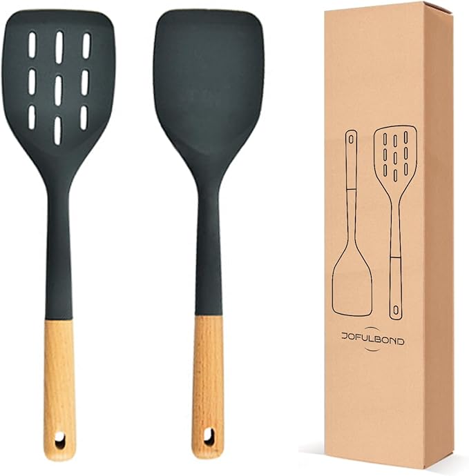 Pack of 2 Silicone Spatula, Non Stick Cooking Utensil Set Wooden Handle Kitchen Turner for Baking Mixing Grilling Serving Food Heat Resistant Non Scratch (Dark gray)