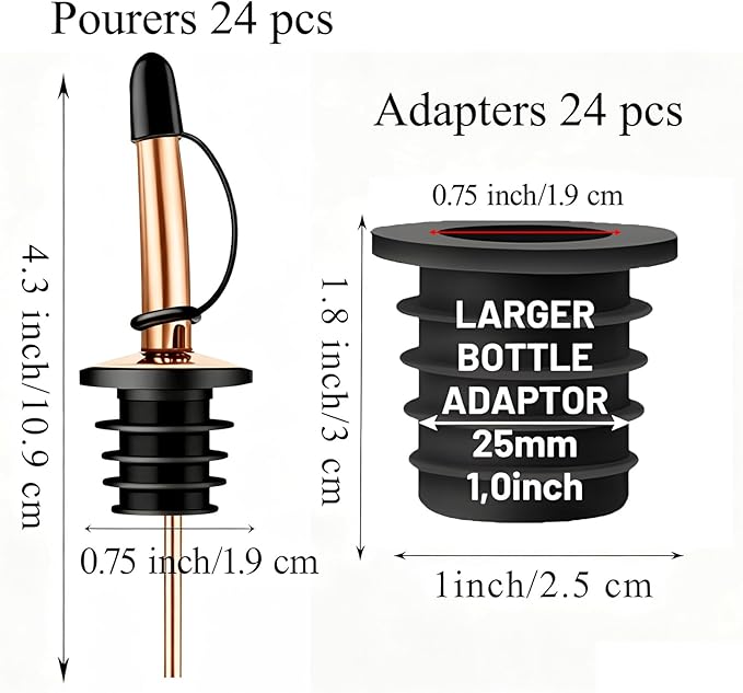 24-Pack Liquor Bottle Pourers with Adapters, Liquor Pour Spout Adapters set for for Large Oil Olive Bottles and Liquor Bottles - Up to 1 Inch/25mm Neck Converts Spout into a Large Pour Spout,Rose Gold