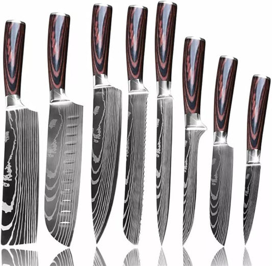 Epicurean Cook Majesty Series 8-Piece Premium Japanese Kitchen Knife Set - Ultra Sharp Laser Damascus Pattern - Professional Chef Hibachi Knives - Juego de Cuchillos para Cocina Profesional