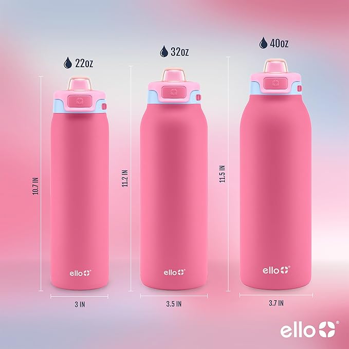 Ello Pop & Fill 22oz Stainless Steel Water Bottle with Quick Fill Technology, Double Walled and Vacuum Insulated Metal, Leak Proof Locking Lid, Sip and Chug, Reusable, BPA Free, Cherry Breeze