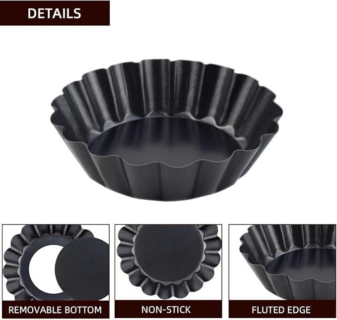 4 Pack Tart Pans Tortilla Pan Set Mini Tart Molds Carbon Steel Taco Shell for Baking 3 Inch Taco Salad Bowl Maker with Removable Bottom NonStick Tortilla Bowl Fluted Side for Quiche Cakes Pies (Black)