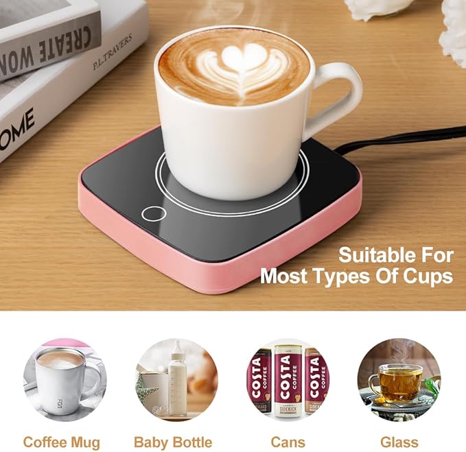 Coffee Mug Warmer Waterproof Smart Cup Warmer with 3 Temperature Setting for Warming & Heating Coffee, Beverage, Milk, Tea and Hot Chocolate (Pink)