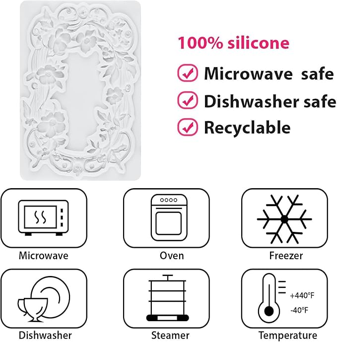 Flower Photo Frame Silicone Mold Wreath Fondant Molds Picture Frame Molds For Cake Decoration Cupcake Topper Polymer Clay Chocolate Candy Gum Paste Set of 4