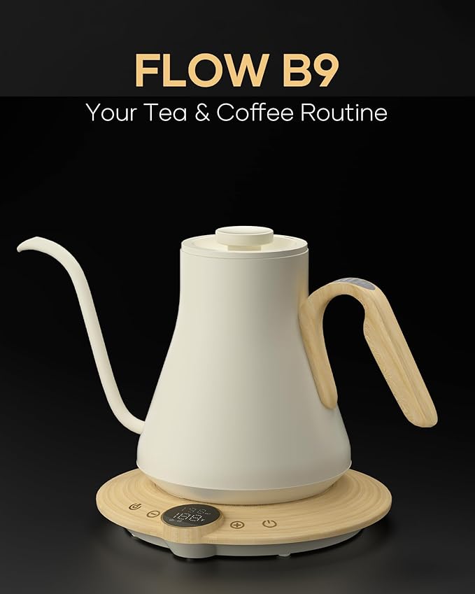 Cocinare Barista Collection Gooseneck Electric Kettle, ±1℉ Precise Temperature Control for Pour-Over Coffee & Tea, Quick Heating 1500W, Stainless Steel Interior, 0.9L (White Maple)