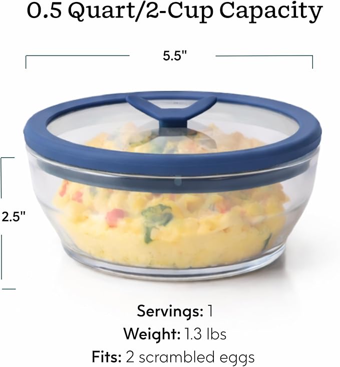 Anyday 2-Pack (2-Cup) Glass Microwave Egg Cooker - BPA Free & Plastic Free Microwave Egg Poacher - Meal Prep & Cookware | Stackable Nontoxic Storage Container with Vented Lid (Clear - Blueberry)