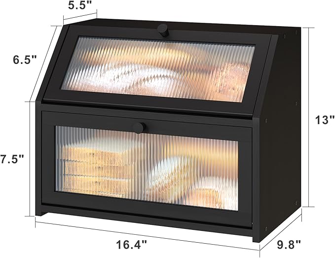 Black Bread Box for Kitchen Counter, Large Bamboo Wood Double Layer Bread Box, Wooden Bread Storage Capacity