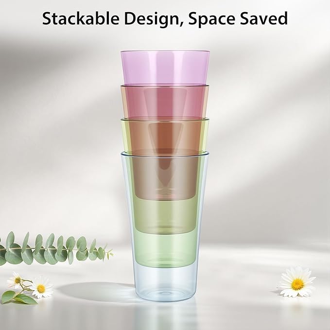Freshmage 8 Pack Plastic Reusable Drinking Glasses, 20oz Colorful Drinking Cups, BPA-Free, Shatter-Proof, Microwave Safe, Stackable Tumblers for Home, Outdoor, Party, Picnic, Pool