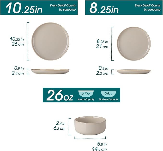 vancasso PLAYA Ceramic Plates and Bowls Sets,18 Pieces Grey Dinnerware Sets for Kitchen,Reactive Glaze Dishes Set for 6, Dishwasher and Microwave Safe