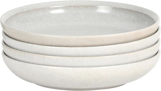 Gibson Elite Beckett 4-Piece Ash White Dinner Bowl Set – Reactive Glaze Stoneware – Shallow Pasta Bowls – Round Wide-Rim Design – Microwave & Dishwasher Safe