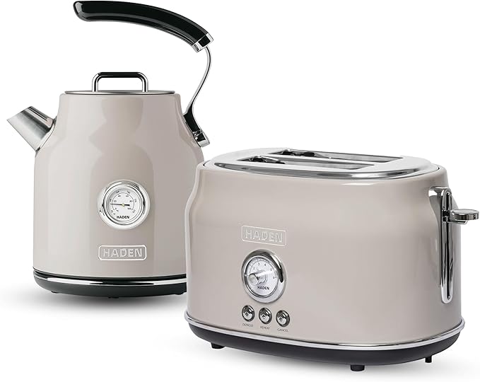 Haden Dorset 2 Slice Wide Slot Stainless Steel Toaster Bundled with 1.7 Liter Stainless Steel Electric Kettle with 360-Degree Base, Putty & Chrome