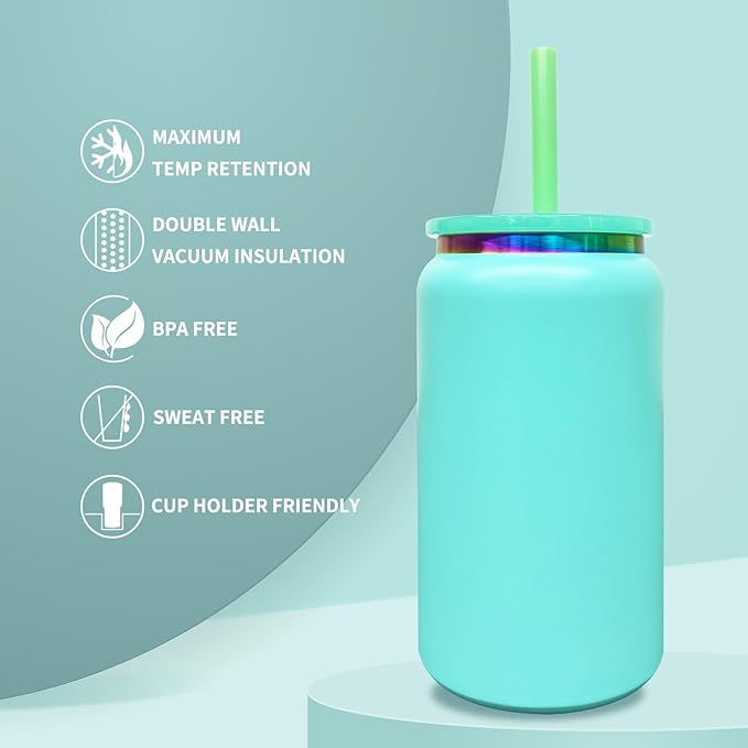 4 Pack Glass Cups with Lids and Straws, 16 oz Stainless Steel Cups, Insulated Skinny Tumbler, Powder Coated Travel Tumblers for Laser Engrave, Iced Coffee Cup for Smoothie Water DIY Gift(Green,4 pack)
