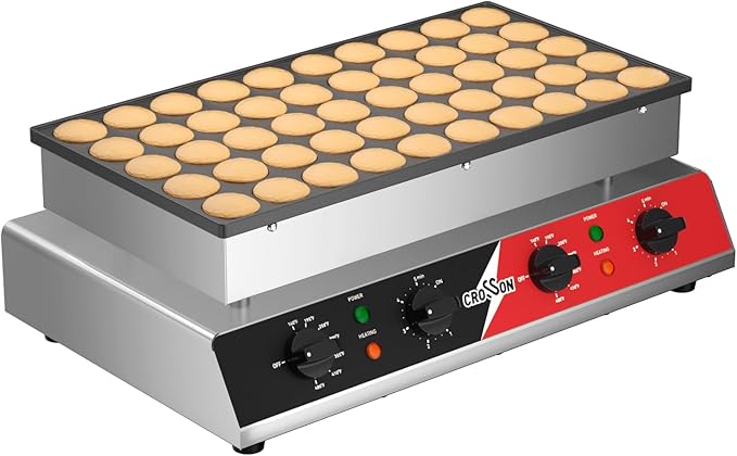 CROSSON Mini Pancake Maker, 50PCS 43mm Diameter Dutch Muffin Waffle Baker, Non-stick Stainless Steel Poffertjes Grill, Commercial Electric Dorayaki Machine W/Temp & Time Control 120V/1750W
