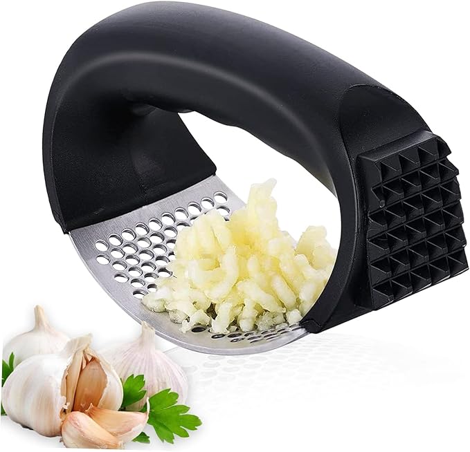 Stainless Steel Garlic Press, Garlic Press Rocker Garlic Masher Garlic Masher for Mashing Garlic, Kitchen Tools with Ergonomic Handle, Garlic Peeler