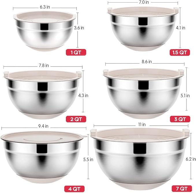 Rottay Mixing Bowls Set with Airtight Lids: 20PCS Stainless Steel Nesting Bowls - Size 7, 4, 3, 2, 1.5, 1QT Bowls with 3 Grater Attachments & Non-Slip Bottoms for Baking & Prepping