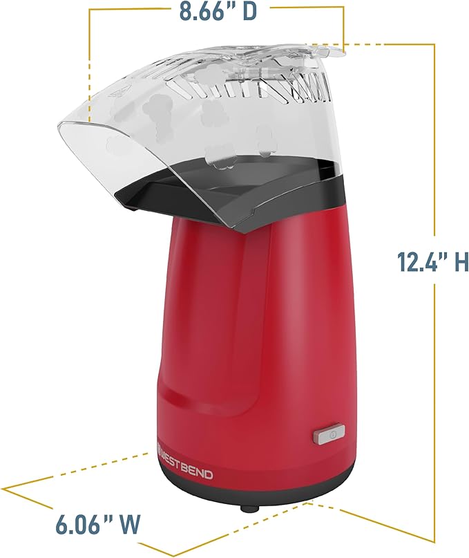West Bend Air Crazy Series Hot Air Oil-Free Popcorn Popper Machine Features One-Touch Operation with Built-In Measuring Cup and On-Board Cord Storage, 4-Quart, in Red