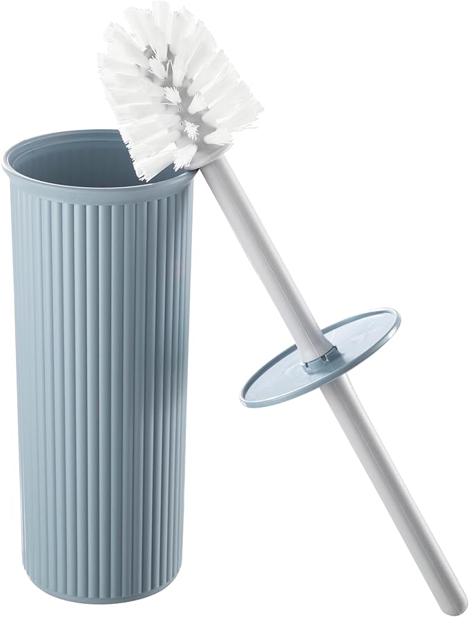Decorative Plastic Toilet Bowl Brush and Holder Set, Blue (2 Pack) Cleaner Scrubber for Bathroom - Ribbed Design