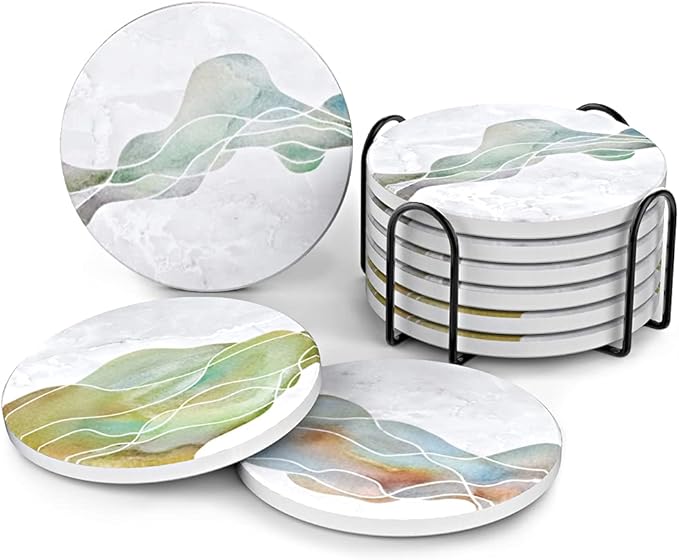 UMIRRO Ceramic Stone Coasters for Drinks Absorbent with Holder | Agate Style Coasters Set with White Marble Texture Background | Cool Cup Mat with Geode Pattern | Unique Fancy Tabletop Protection Mat