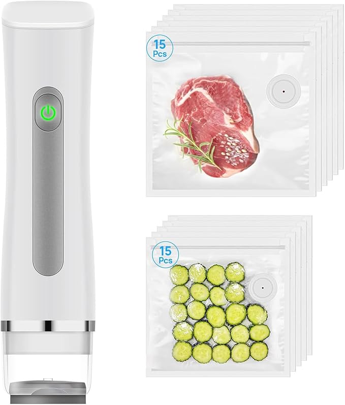 Vacuum Sealer for Food with Visible Water Tank, Handheld Compact Vacuum Sealer,Food Safety and Storage Vacuum Machine with 30 Pcs Reusable Vacuum Bags (White)