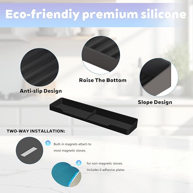 15 Inch Magnetic Silicone Stove Top Shelf,Heat Resistant Over The Stove Spice Rack for Kitchen,Space Saving Organizer Back of Stove,Includes 6 Additional Sticky Boards(Black,15''x3.8'')