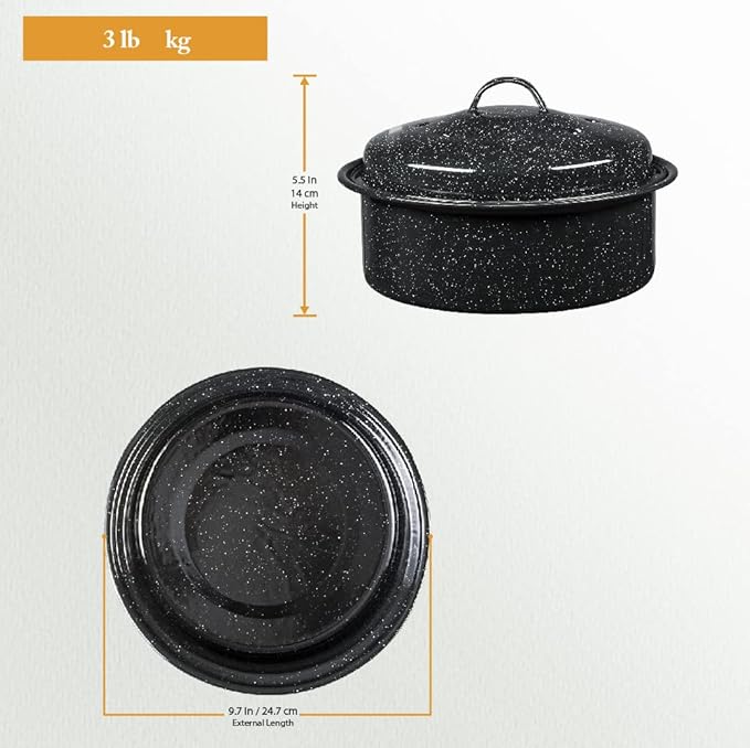 Granite Ware 8.7-Inch Small Covered Round Roaster, 3Lb Capacity – Mini Roaster Enamel Steel Cookware, Dishwasher Safe & PFOA-Free, Even Heat Distribution for Poultry, Meat, Vegetables (Speckled Black)