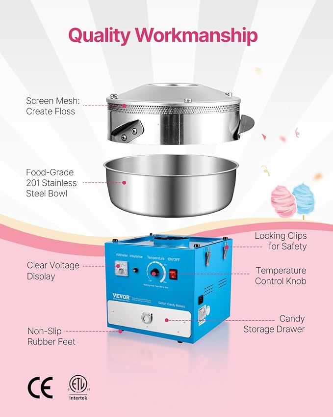 VEVOR Electric Cotton Candy Machine, 1000W Commercial Candy Floss Maker with 20.5 in Stainless Steel Bowl, Sugar Scoop, and Drawer, Easy Home Use, Perfect for Kids Birthday, Family Party, Blue