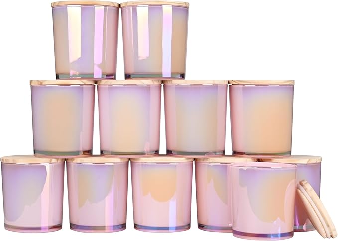 Thick Candle Jars for Making Candles 12 Pcs, 14 OZ Empty Jars with Wood Lids for Candle Making, Sample Container, Glitter Pink