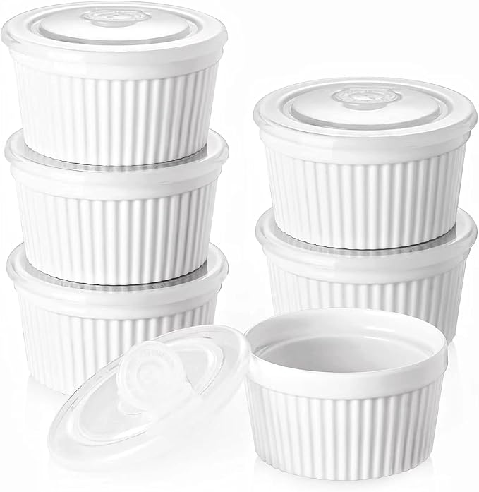 DOWAN Ramekins 8 oz Oven Safe with Lids, Creme Brulee Ramekins Bowls, Porcelain Ramiken Souffle Dishes, Custard Cups for Baking, Small Bowls for Pudding Dip Sauces Dessert, White, Set of 6