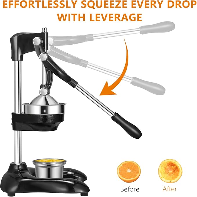 TONGCHANT Cast Iron Juicer, 19" Tall Heavy Duty Citrus Press with Dual Pattern | Manual Juicer for Orange Lemon Pomegranate, Easy to Clean, Stainless Steel Cup, Black