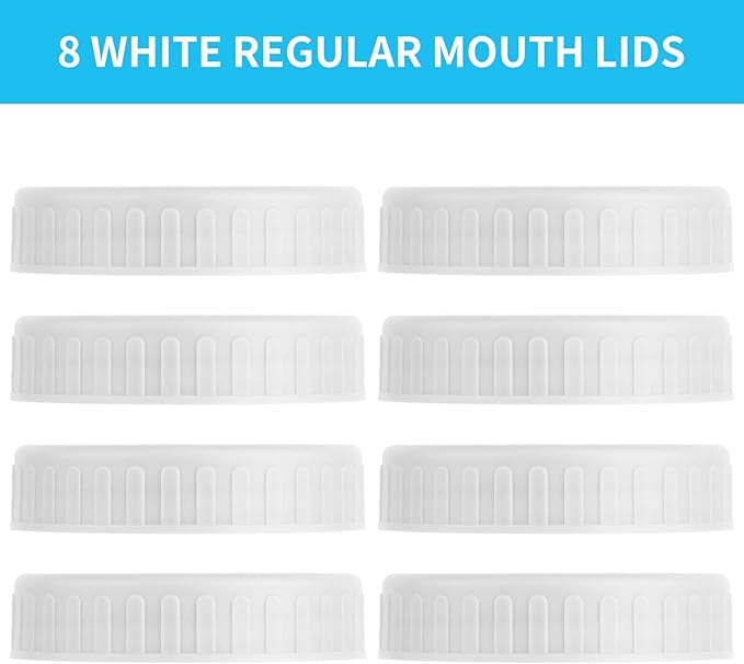 Vaincre White Mason Jar Lids - 8PCS Plastic Mason Lids Regular Mouth, Leak Proof Canning Covers with Silicone Rings for Ball, Kerr and More, Reusable Can Tops Caps Covers for Jars Accessories