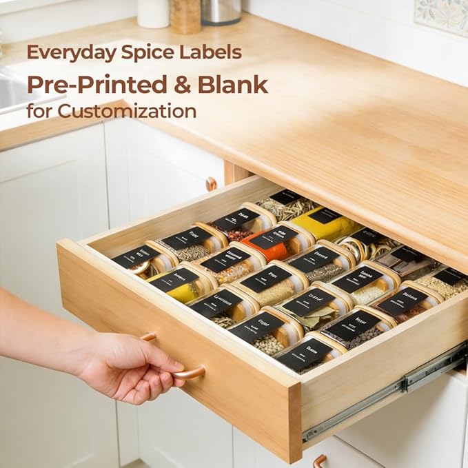 ComSaf 16Pcs Spice Jars with Labels, Glass Jar witj Bamboo Lid, 10oz Airtight Square Containers with Black Lables, Empty Seasoning Jars for Spice, Salt, Pepper, Sugar