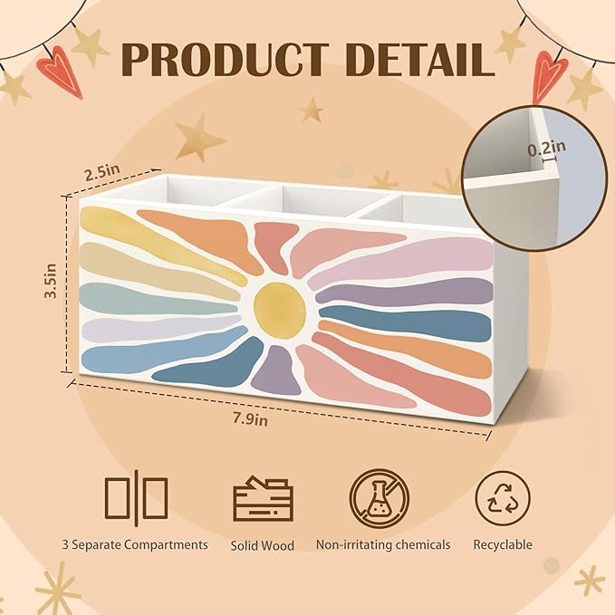 Boho Colorful Sun Sunshine Wooden Utensils Holder, Abstract Mid Century Modern Sun Wood Cooking Utensil Holder Organizer for Kitchen Countertop Counter Decor Accessories