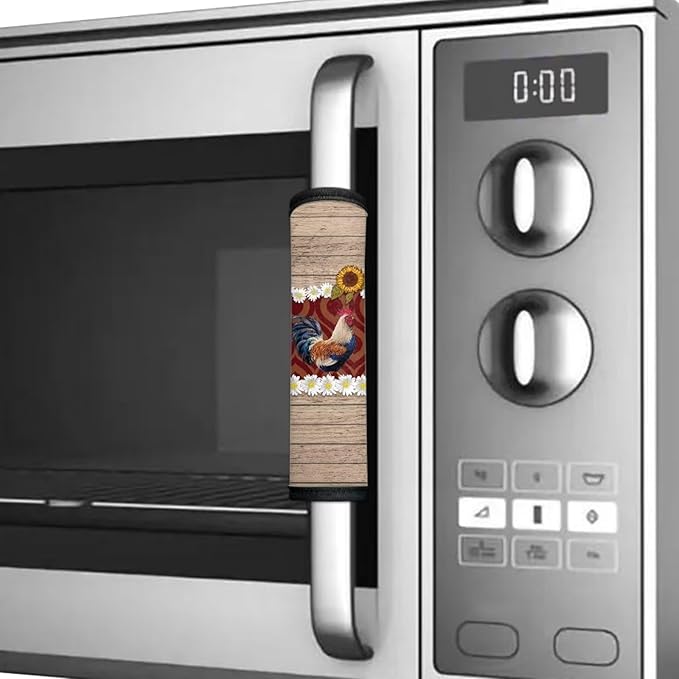 6 PCS Refrigerator Door Handle Covers Washable Anti-Skid Protector for Fridge Dishwasher Oven Keep Off Fingerprints Liquid Oil Stain Food Spot for Home Decor, Rooster Sunflower Wood Grain