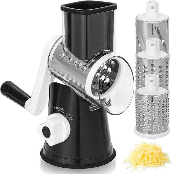 Rotary Cheese Grater Hand Crank - Cheese Shredder Hand Crank with Handle, Vegetable Shredder with 3 Stainless Steel Blades & Strong Suction Base – Round Slicer & Food Chopper for Kitchen
