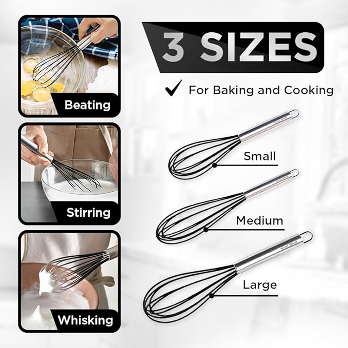 Silicone Whisk Set of 3 - Stainless Steel & Silicone Non-Stick Coating – wisking tool, Whisking, mini whisk, whisks for cooking (12-inch, 10-inch & 8.5-inch), egg whisk