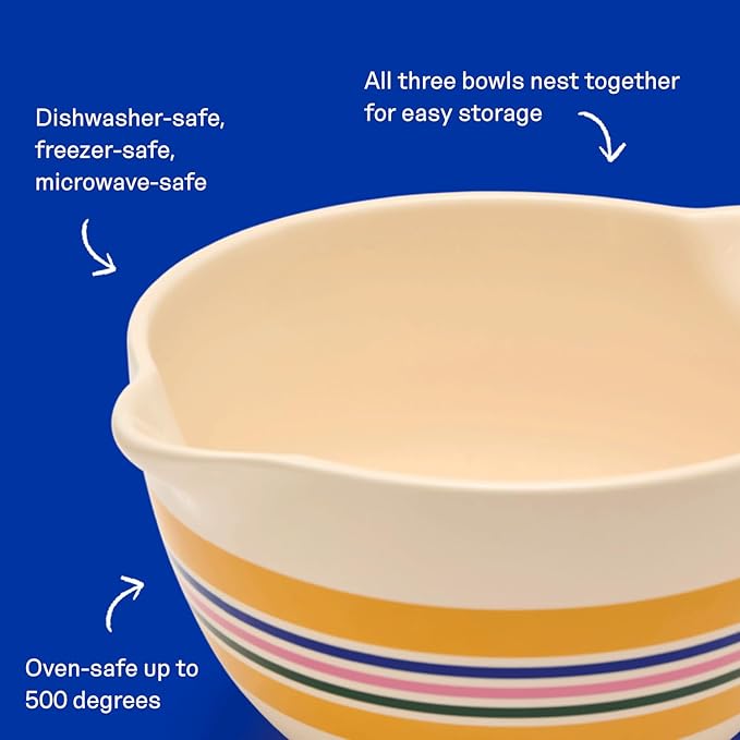 Great Jones Stir Crazy 3-Piece Stackable Ceramic Mixing Bowl Set (6.8", 9.1", 12") | Dishwasher, Freezer & Microwave Safe | Perfect for Baking, Serving & Mixing | Nestable for Easy Storage (Striped)