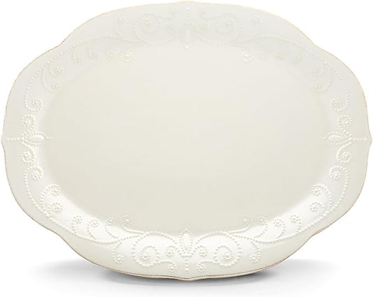 Lenox Serveware, Lenox French Perle White Serving Platter, Oval Shape, 16-Inch, Stoneware, Dishwasher Safe, Turkey Platter for Thanksgiving, Winter Hosting, Christmas Serving (White, 1 Piece)