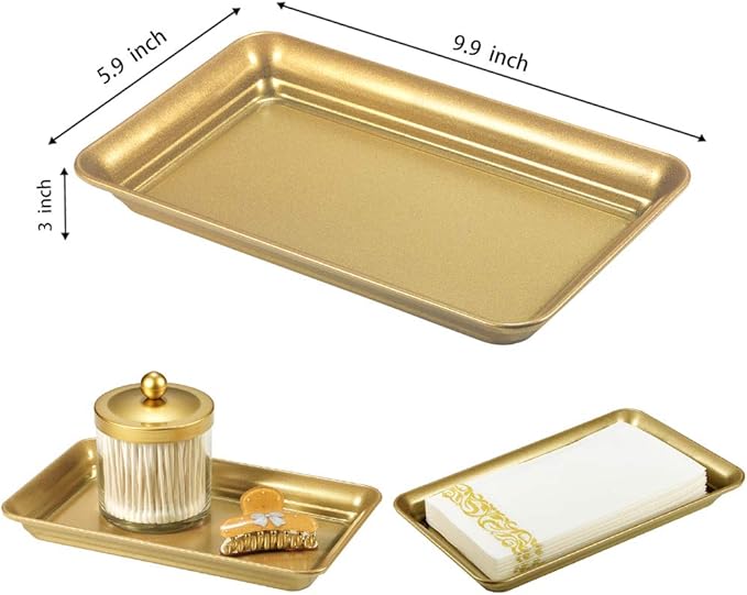 SheeChung 2 Pack Vintage Farmhouse Decor Metal Vanity Tray and 2 Pack Bathroom Soap Dishes Tray with Drain Metal Sponges Scrubber Holder Bar Soap Dispenser Saver - Gold
