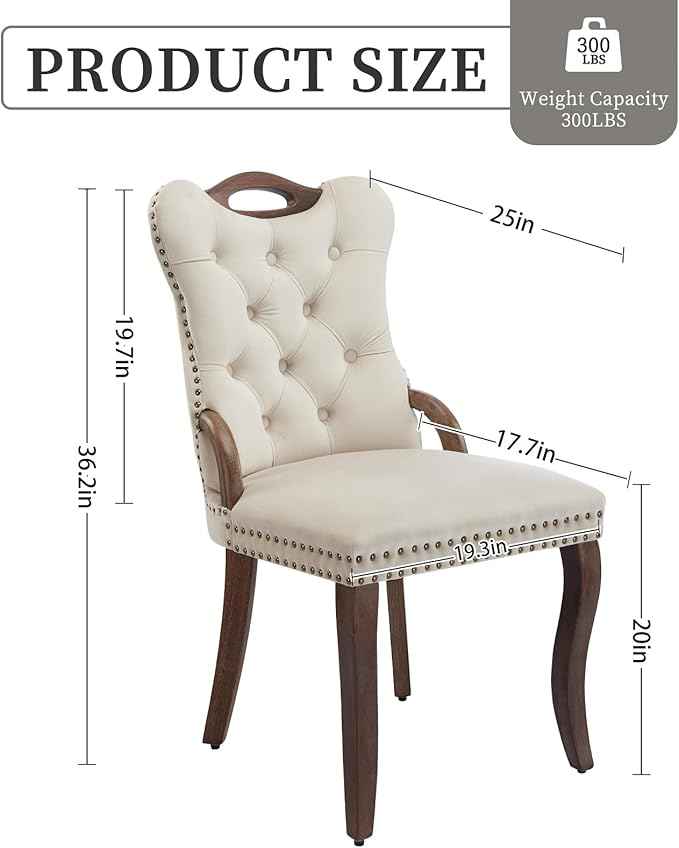 Beige Velvet Dining Chairs Set of 2，Modern Upholstered Dining Room Chairs with Tufted Back and Wood Handles, Curved Solid Wood Legs, Sillas de Comedor