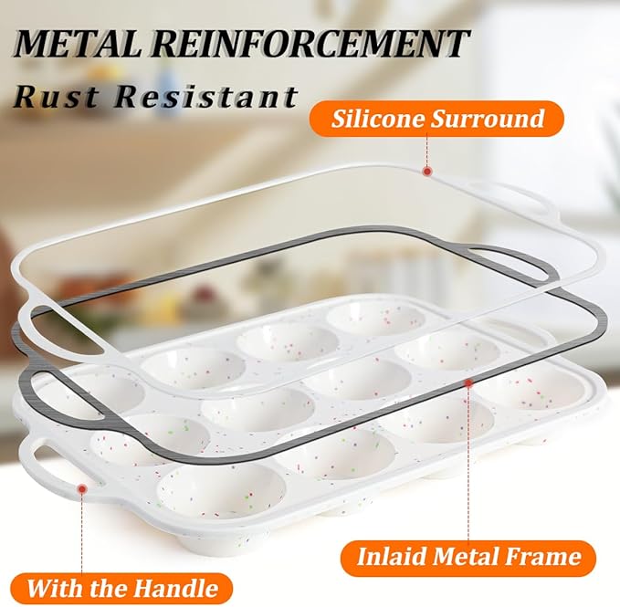 CAKETIME Silicone Muffin Pan, Metal Reinforced Frame Regular Size 2.8 Inch Cupcake Pan with Handle 12 Cups Nonstick Muffin Tray for Baking BPA Free 1 Pack Confetti