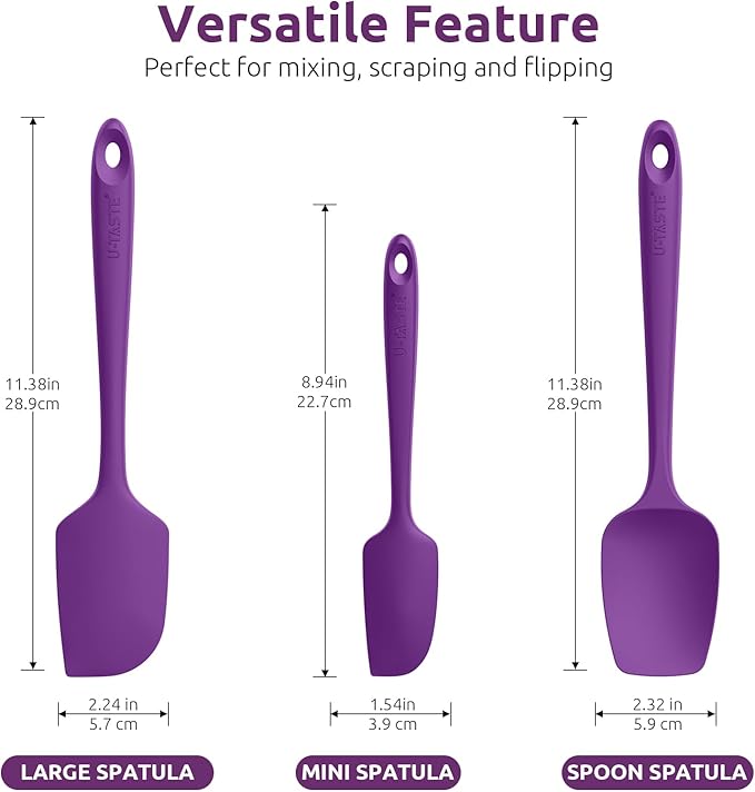 U-Taste Silicone Baking Spatula Set: 480ºF High Heat Resistant, Food Grade Flexible Rubber Kitchen Cooking Mixing Scraper, Food Grade Seamless Utensil for Nonstick Cookware Set of 3 (Purple)