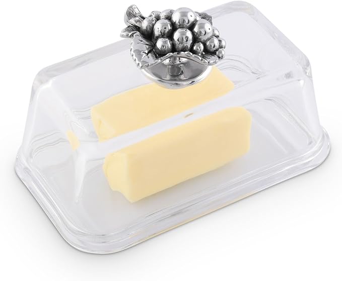 Arthur Court Glass Butter Dish with Lid Metal Grape Knob | Classic 2-Piece Design Covered Butter Keeper | Covers and Holds a Standard Stick of Butter | Classic Décor