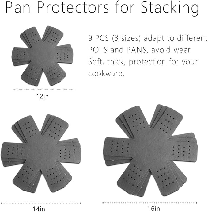 Pot and Pan Protectors 9 Pcs (12" 14" 16"), Gray Pan Protectors for Stacking, Pots and Pans Dividers, 3 Different Sizes, Avoid Scratching Cookware Protectors
