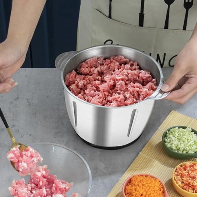 Sakerplus Multifunctional Large Capacity Meat Grinder, 250W Electric Food Processor with 3 Speeds, 2L Stainless Steel Bowl & 4 Sharp Blades for Meat, Vegetables, Nuts (2L-glass)