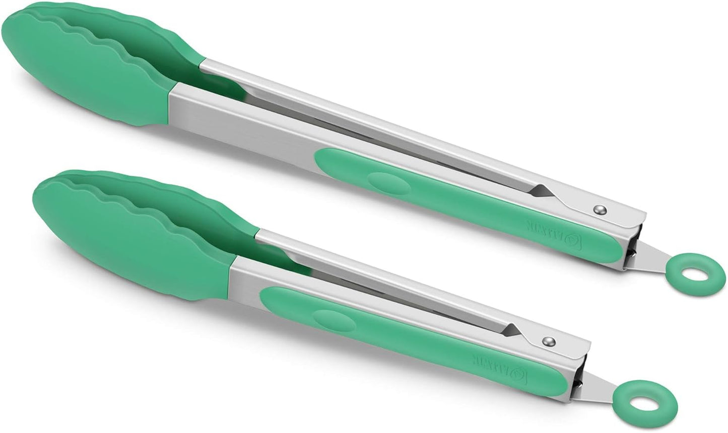 9-Inch & 12-Inch Premium Stainless Steel Food Tongs, Turquoise Silicone BPA Free Non-Stick BBQ Cooking Grilling Locking Kitchen Tong