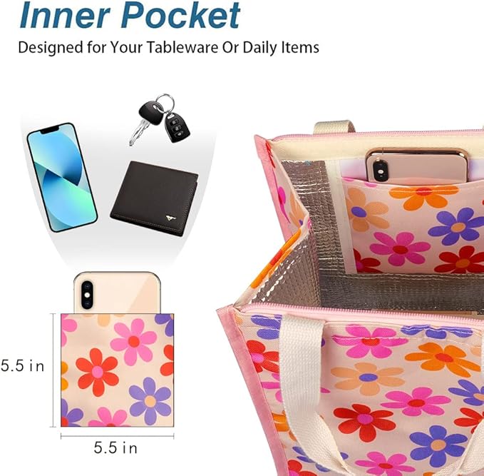 iknoe Insulated Lunch Bag for Women & Adults, 9L Foldable Wide-Open Cooler Bag with Pockets, Leakproof & Portable, for Picnic, Office, Beach(Pink flower)