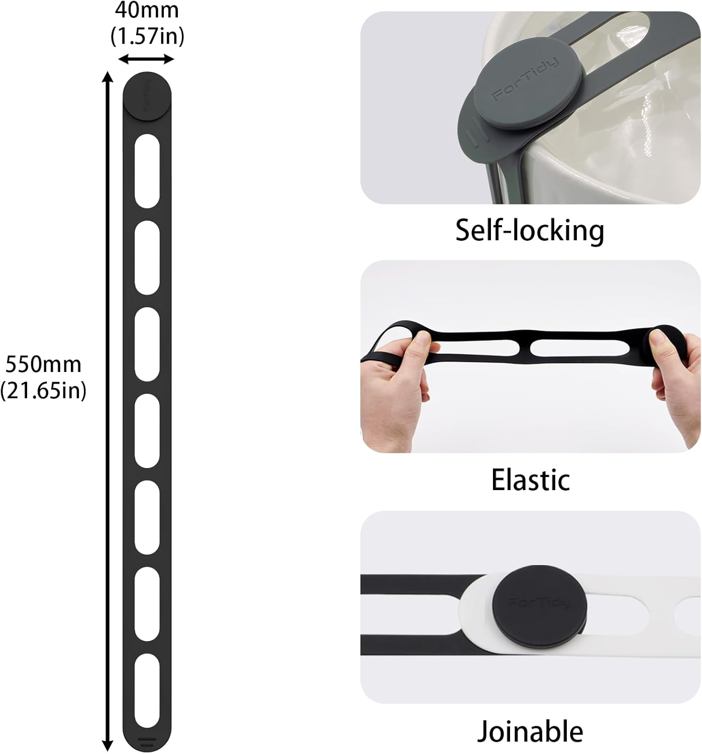 Silicone Latch Strap for Slow Cooker Lid, Pot, Bento Box, 21.65 In Reusable Elastic Self-Lock Silicone Tie for Bundling or Organizing Curtain, Cords, Yoga Mat, Camping Mat, 2pcs (Black&Gray)