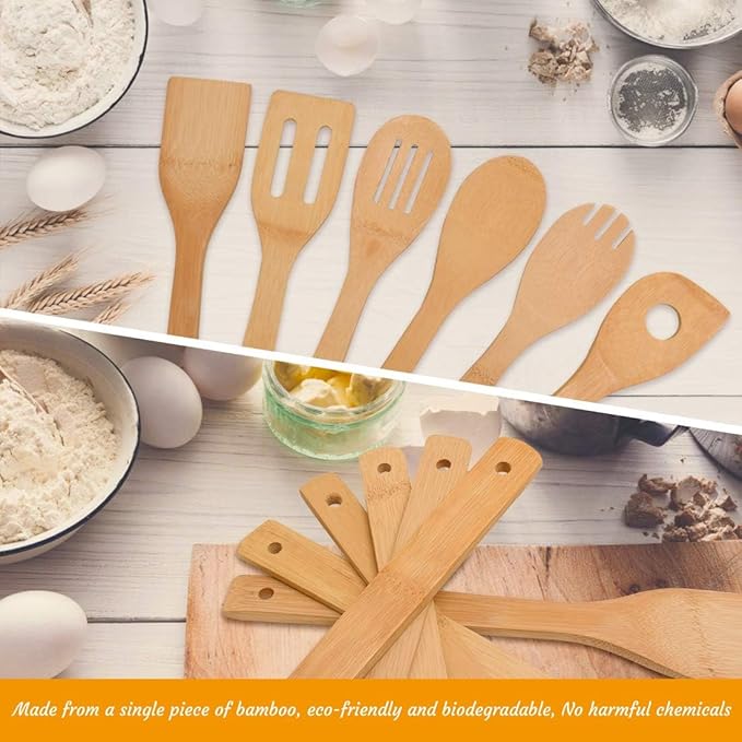 Bamboo Kitchen Utensils, 6 pcs Nonstick Spatula Tools with Handles, Heat Resistant Spatula Set, Non-stick Cooking Utensil, Premium Wooden Spoon Sets